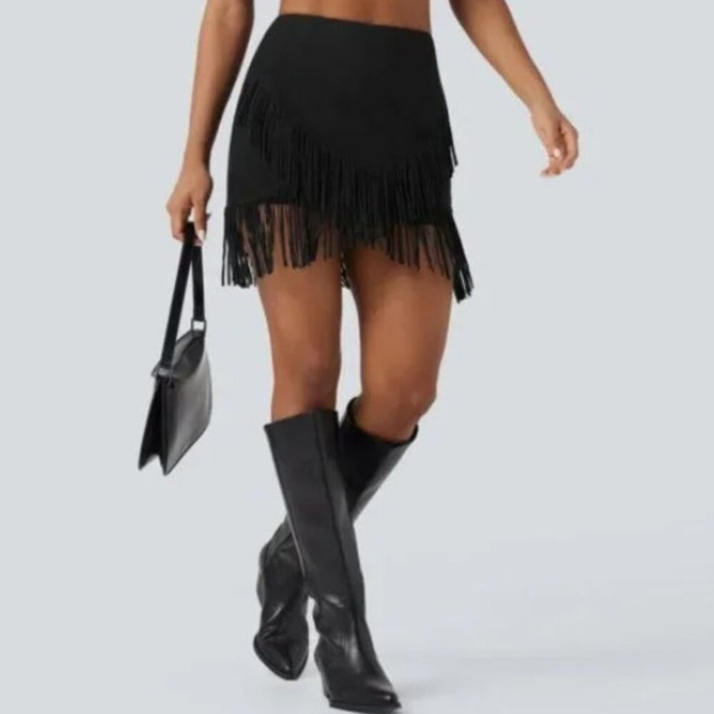 Halara Fringe Mini Skirt Size M Faux Suede Bodycon Western Witchy Whimsigoth